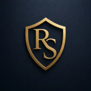 Emblema dourado em formato de escudo com as letras R e S estilizadas, sobre fundo azul escuro texturizado, com visual corporativo e premium.